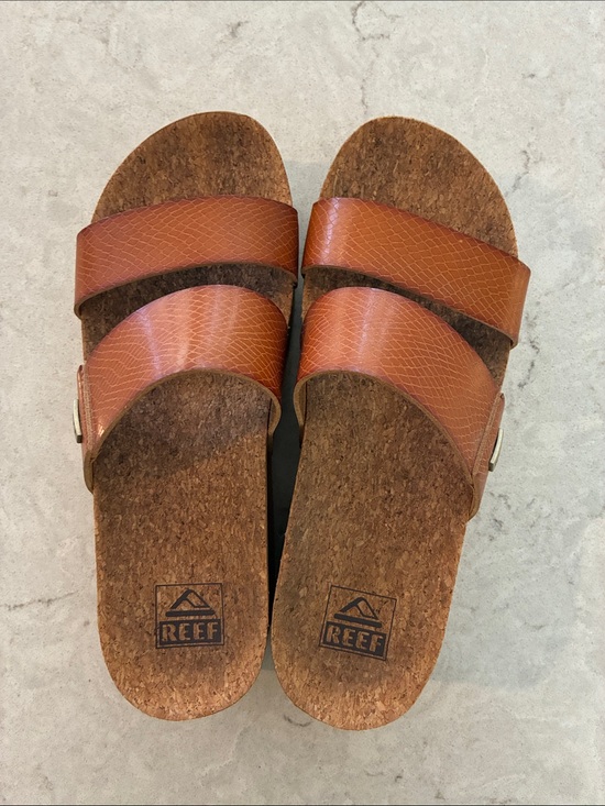 Reef Shoes - Reef Brown Leather Double-Strap Cork Slide Sandals